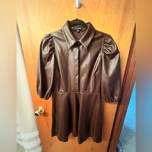 Brown faux leather with puff sleeve dress